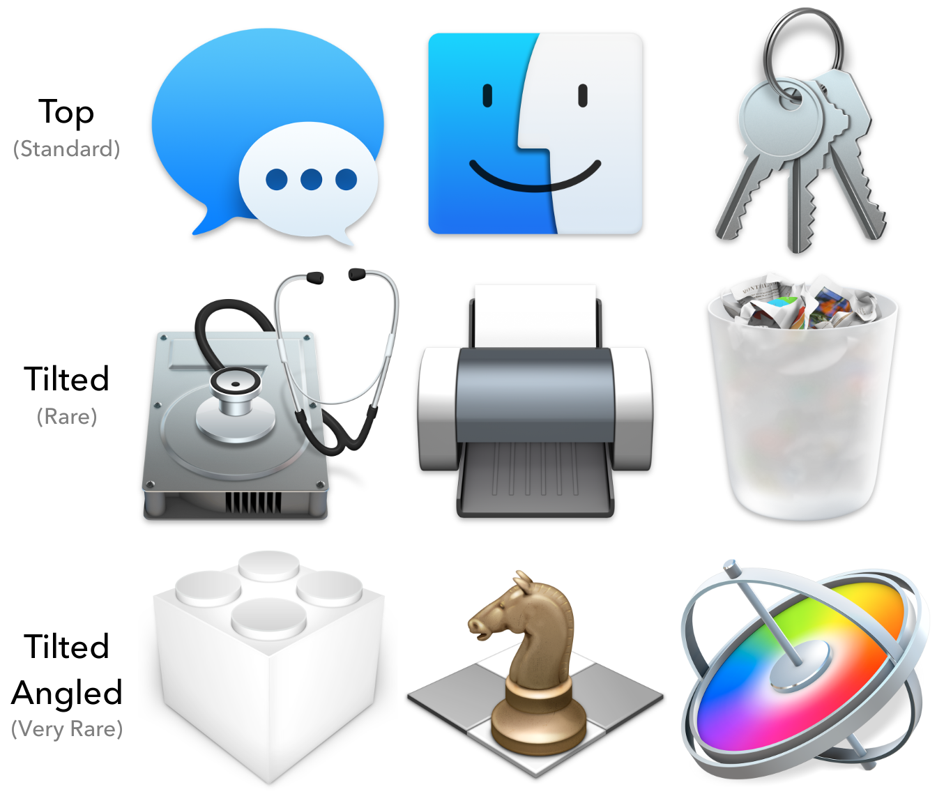 Top (Standard: Messages, Finder, Keychain Access), Tilted (Rare: Disk Utility, Printer, Trash), Tilted Angled (Very Rare: KEXT, Chess, Motion)