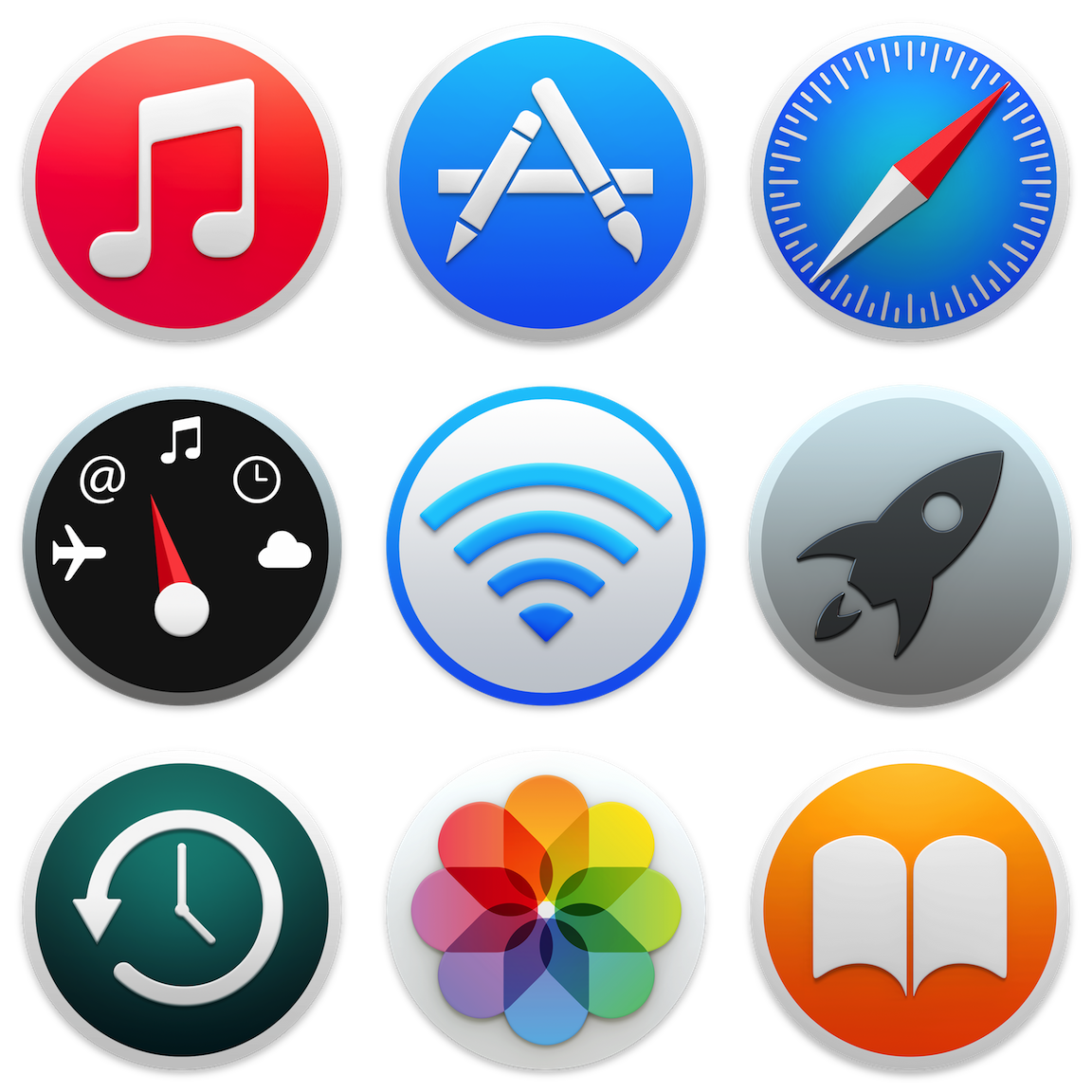 iTunes, App Store, Safari, Dashboard, Airport Utility, Launchpad, Time Machine, Photos, iBooks