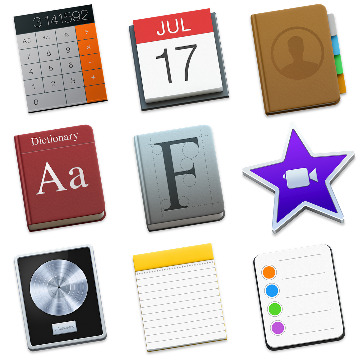 Calculator, Calendar, Contacts, Dictionary, Font Book, iMovie, Logic Pro X, Notes, Reminders