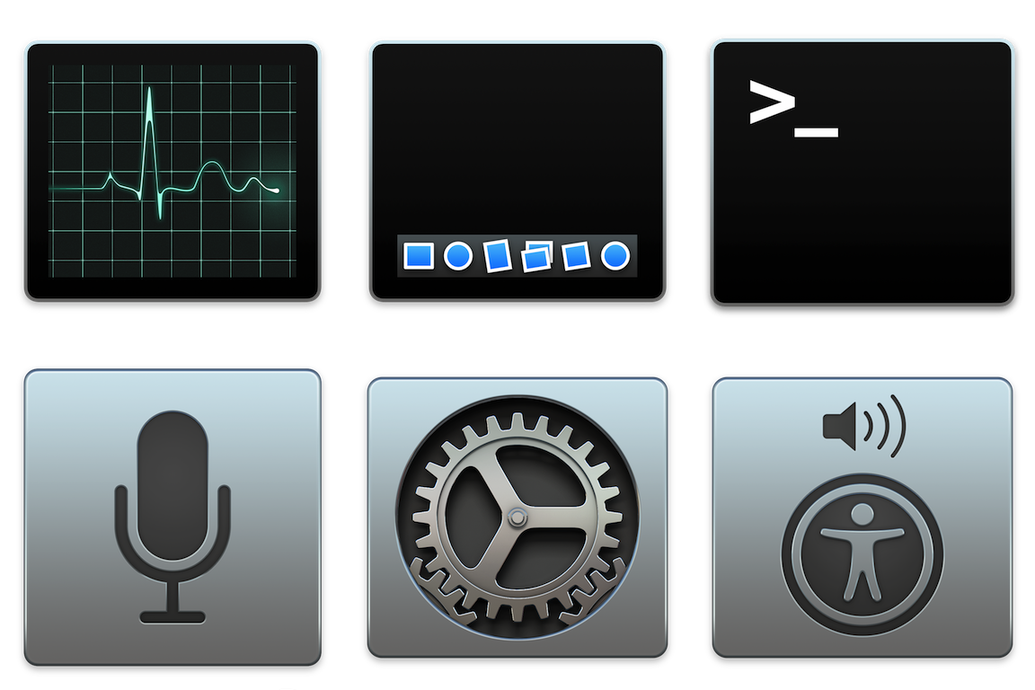 Activity Monitor, Dock, Terminal, Speech, Settings, Voiceover Utility, Disk Utility, Keychain Access, FileVault